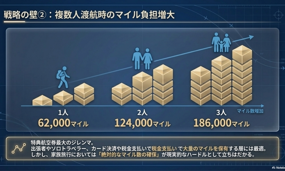 戦略の壁②：複数人渡航時のマイル負担増大