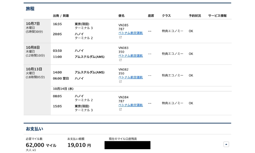 東京羽田発ハノイ経由アムステルダム行きベトナム航空特典航空券