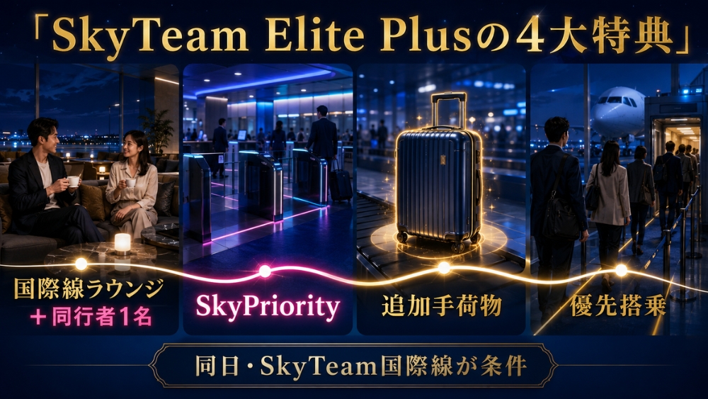 SkyTeam Elite Plusで利用できる国際線ラウンジ同行者1名、SkyPriority、追加手荷物、優先搭乗の4特典。