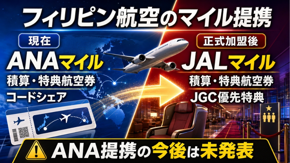 フィリピン航空のマイル提携比較。現在はANAマイルの積算・特典航空券とコードシェア、oneworld正式加盟後はJALマイルの積算・特典航空券とJGC優先特典が見込まれる。ANA提携の今後は未発表。
