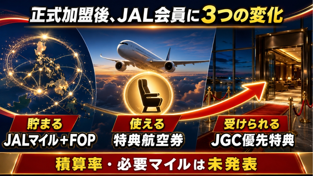 フィリピン航空のoneworld正式加盟後にJAL会員が期待できる3つの変化。JALマイルとFOPが貯まる、特典航空券に使える、JGC優先特典を受けられる。積算率と必要マイルは未発表。