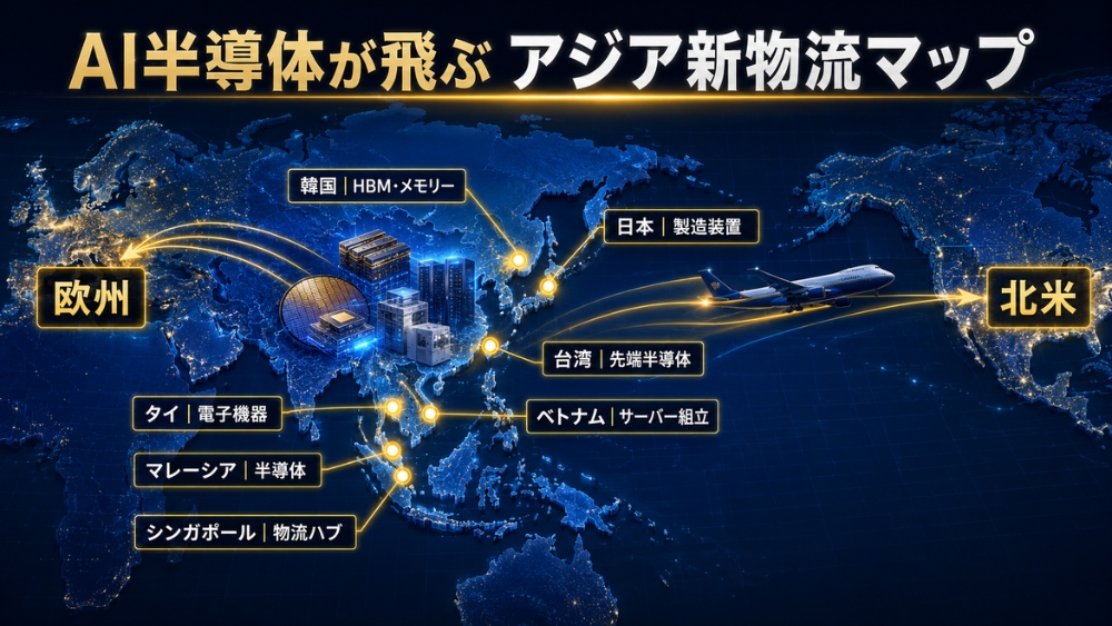 日本・韓国・台湾・東南アジアから北米・欧州へ向かうAI半導体の航空貨物網