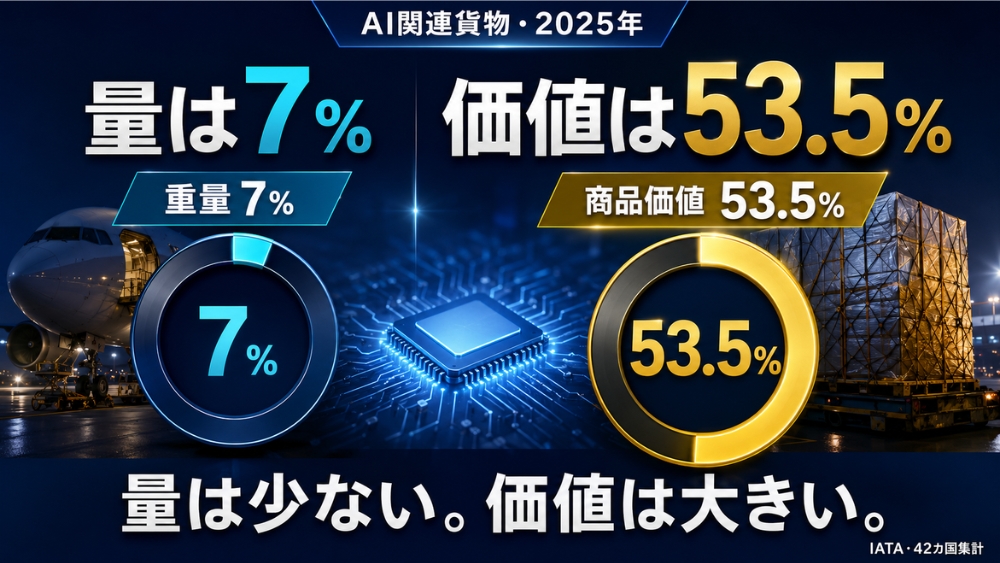 AI関連貨物は重量7％に対して商品価値53.5％を占める
