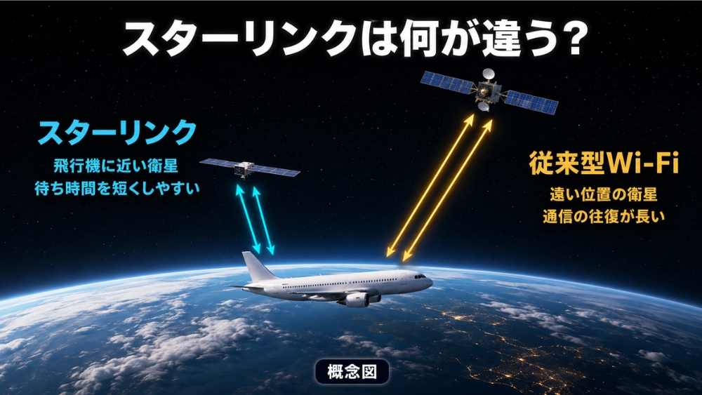 飛行機に近い低軌道衛星を使うスターリンクと、遠い静止衛星を使う従来型機内Wi-Fiの違い