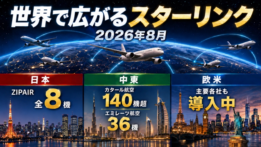 2026年8月に世界で広がるスターリンクを、日本・中東・欧米の航空会社で示した図解