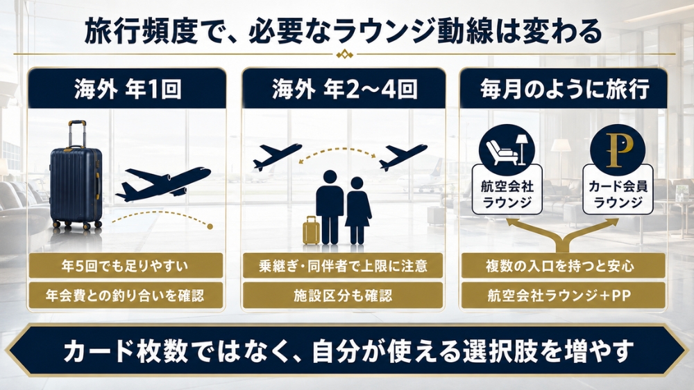 海外旅行が年1回、年2〜4回、毎月の人向けのラウンジ動線比較