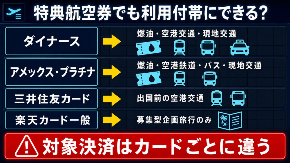 特典航空券でも利用付帯を有効にできる支払い例とカード別の違い