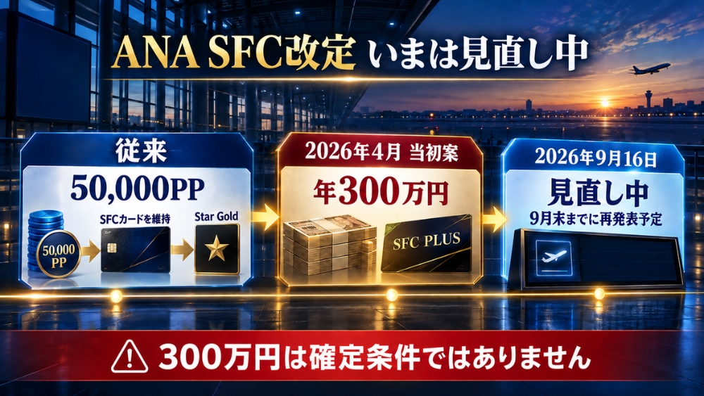 ANA SFCの従来の流れ、2026年4月の当初案、2026年9月時点の見直し中という状況を示す図