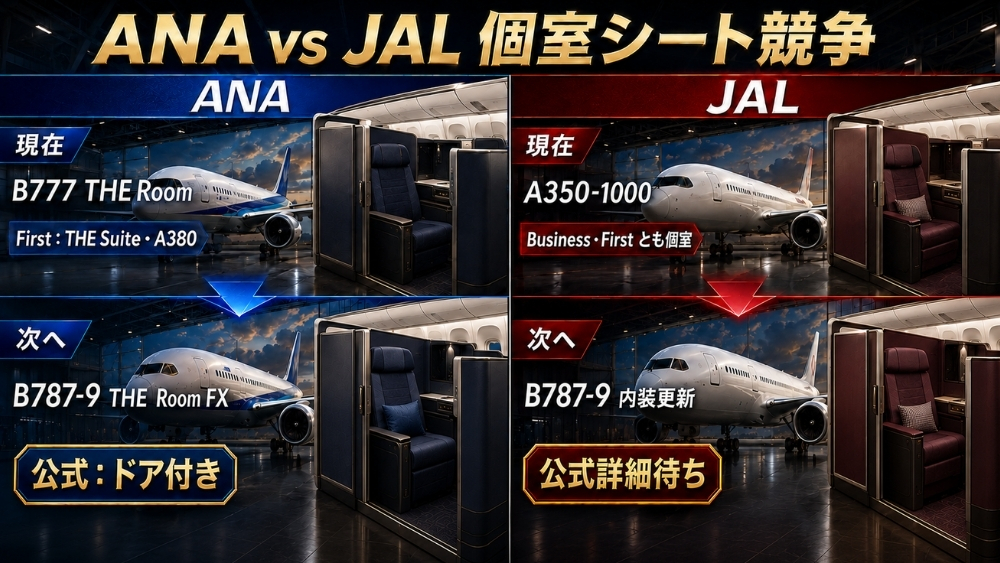 ANAとJALの現在の個室シートとB787-9における今後の比較