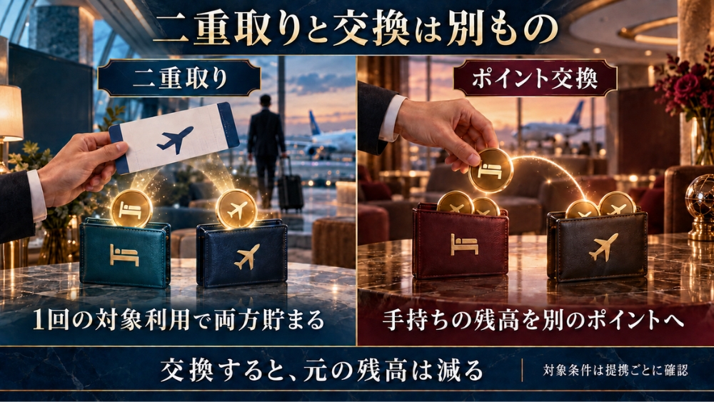 新しく両方に貯まる二重取りと、持っている残高を移すポイント交換の違い