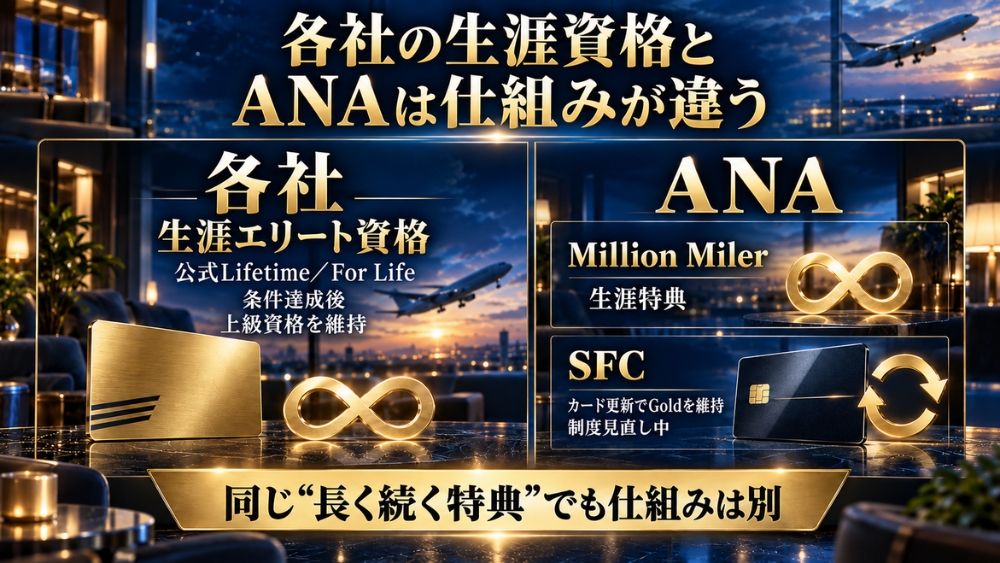 スターアライアンス加盟各社の生涯エリート資格と、ANA Million Miler・ANA SFCの仕組みの違いを示す図