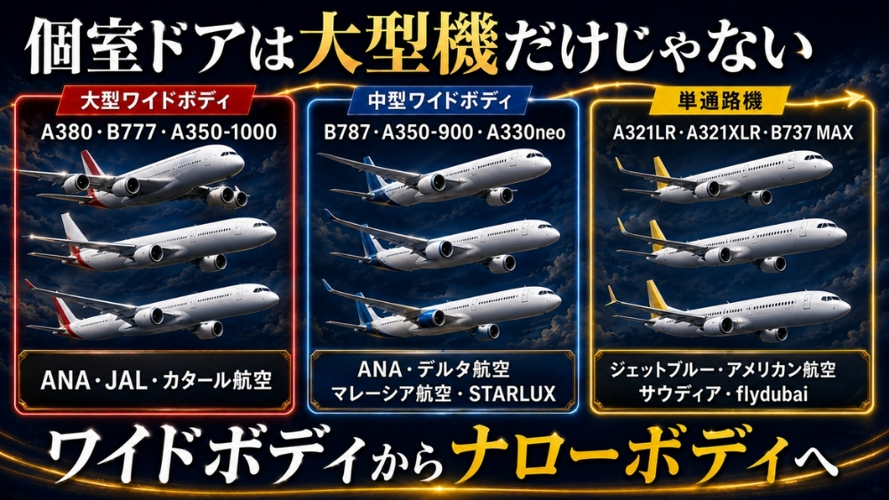 個室ドア付き座席が大型ワイドボディから中型機、A321XLRやB737 MAXへ広がる様子