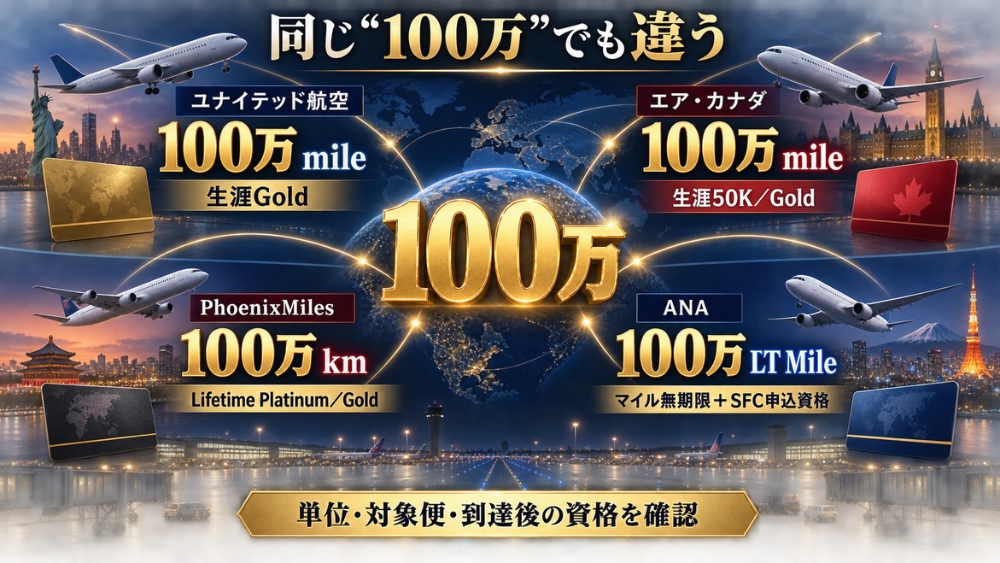 100万という数字でも、ユナイテッド航空、エア・カナダ、エアチャイナ、ANAで得られるものが異なることを示す図